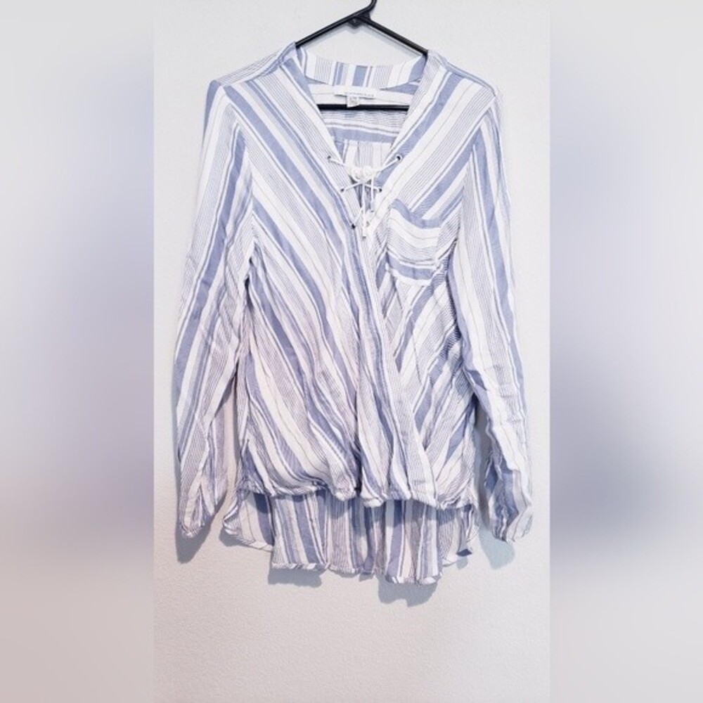 Fourteenth place stripe peasant style lace up top size L